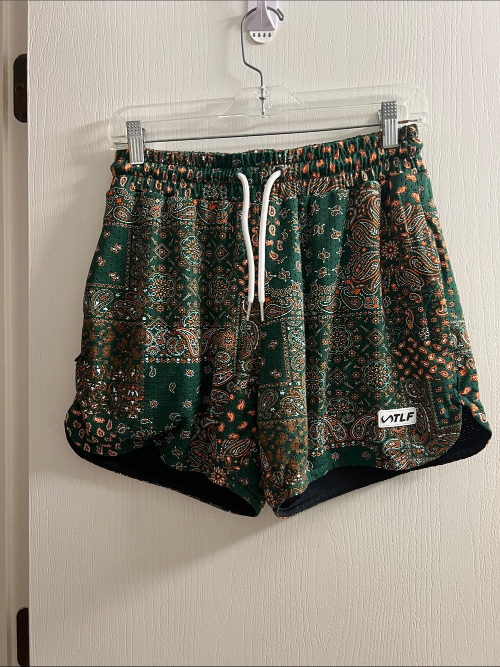 VTLF Green Paisley Athletic Shorts with Drawstring Waist